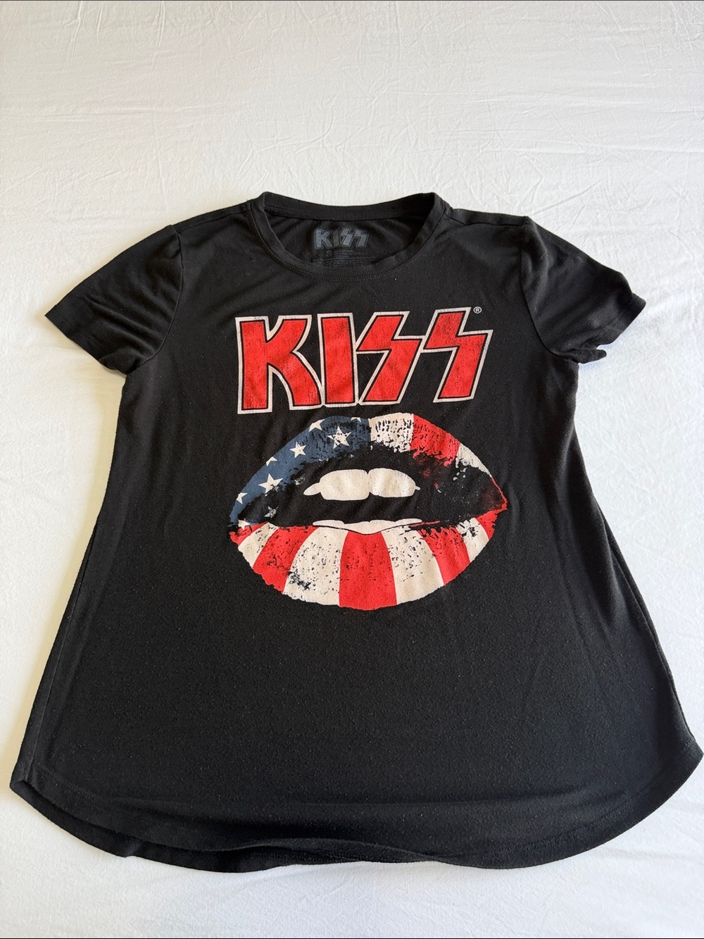 Kiss Black Tee with Red Logo and American Flag Lips